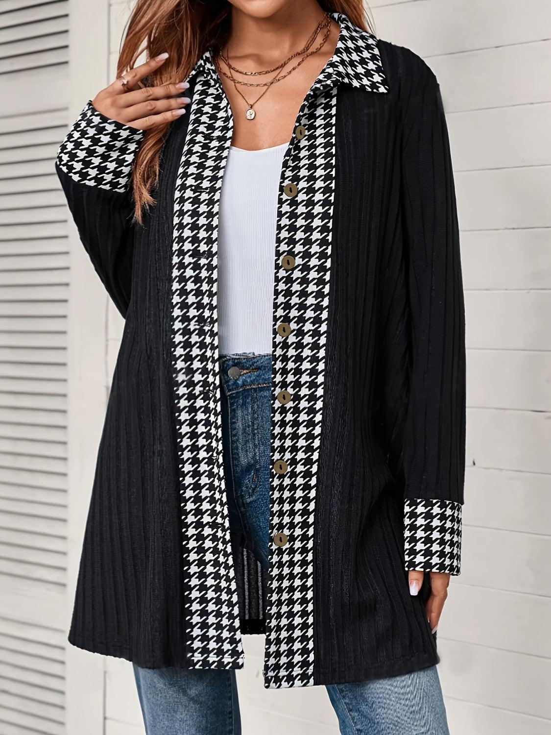 Houndstooth Button Up Long Sleeve Cardigan - Trendy by Luna