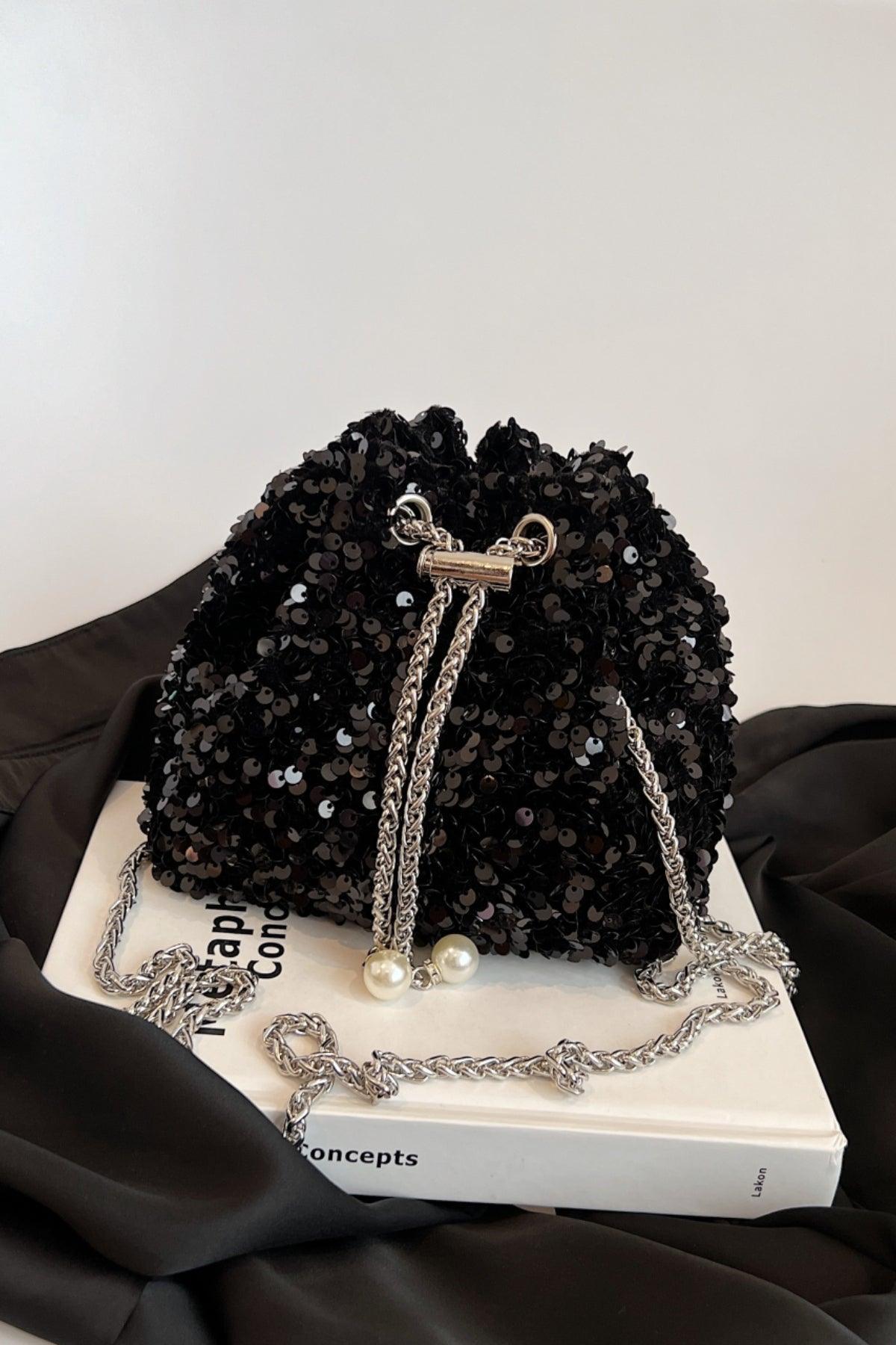 Sequin Chain Drawstring Bucket Bag - Trendy by Luna