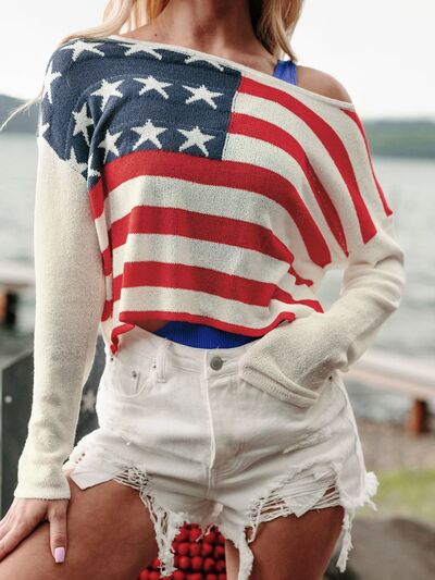 Perfee US Flag Boat Neck Long Sleeve Knit Top - Trendy by Luna