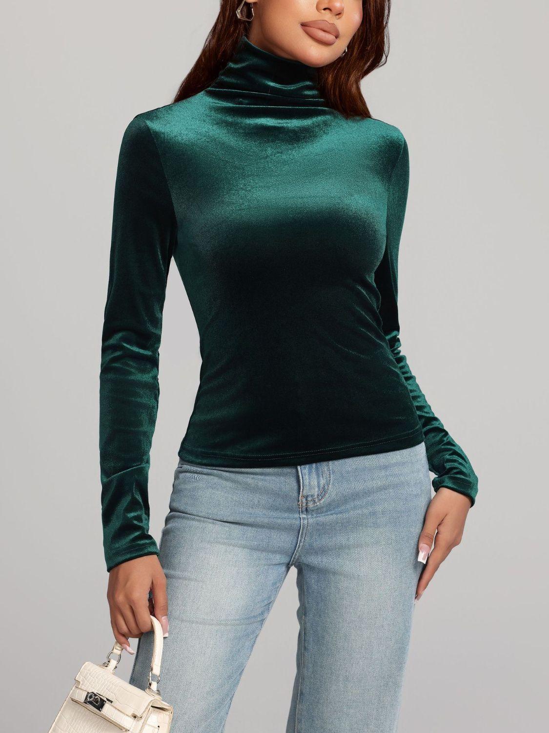 Solid Color Turtleneck Long Sleeve Top - Trendy by Luna