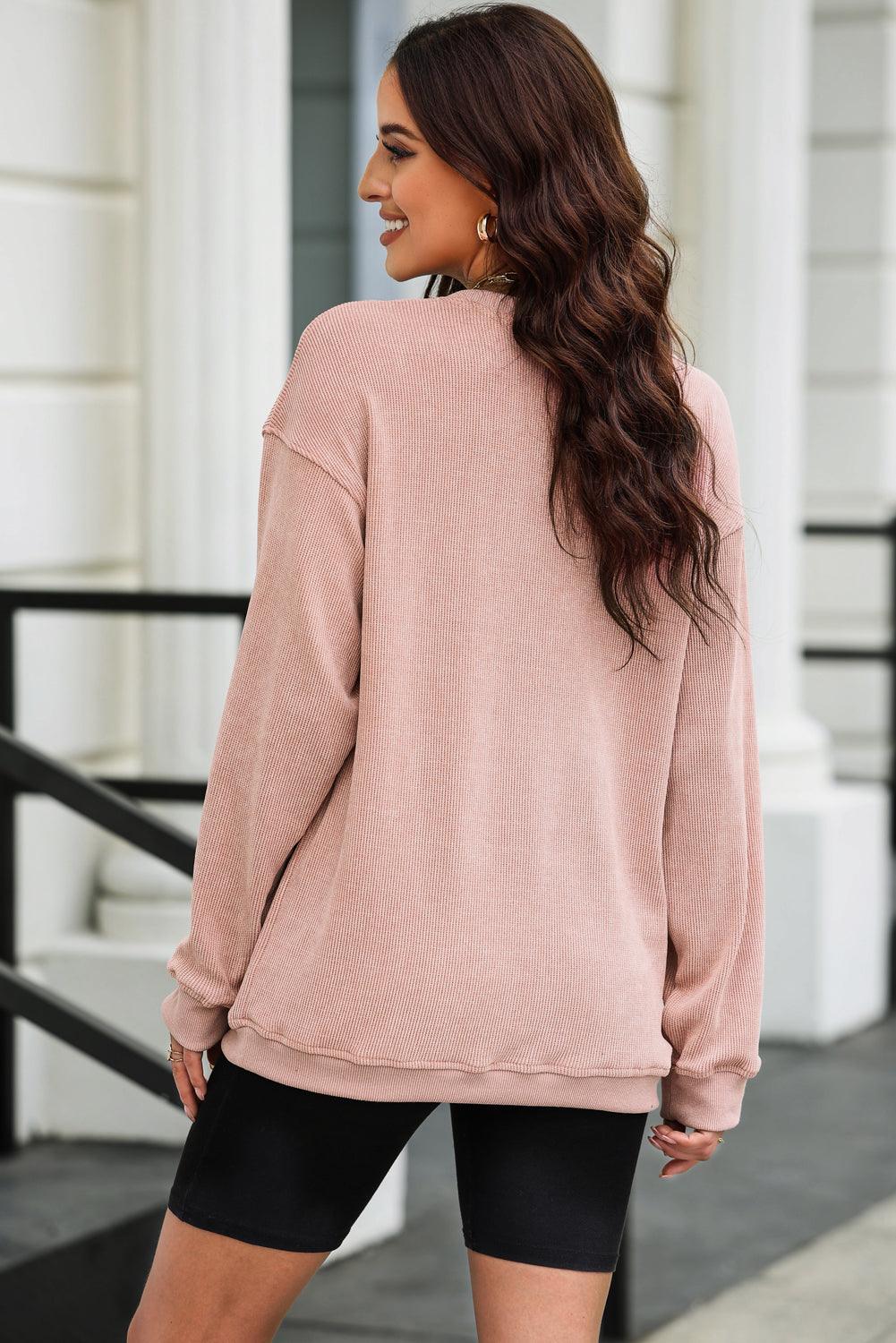 Valentine’s Day Bow Drop Shoulder Long Sleeve Sweatshirt - Trendy by Luna