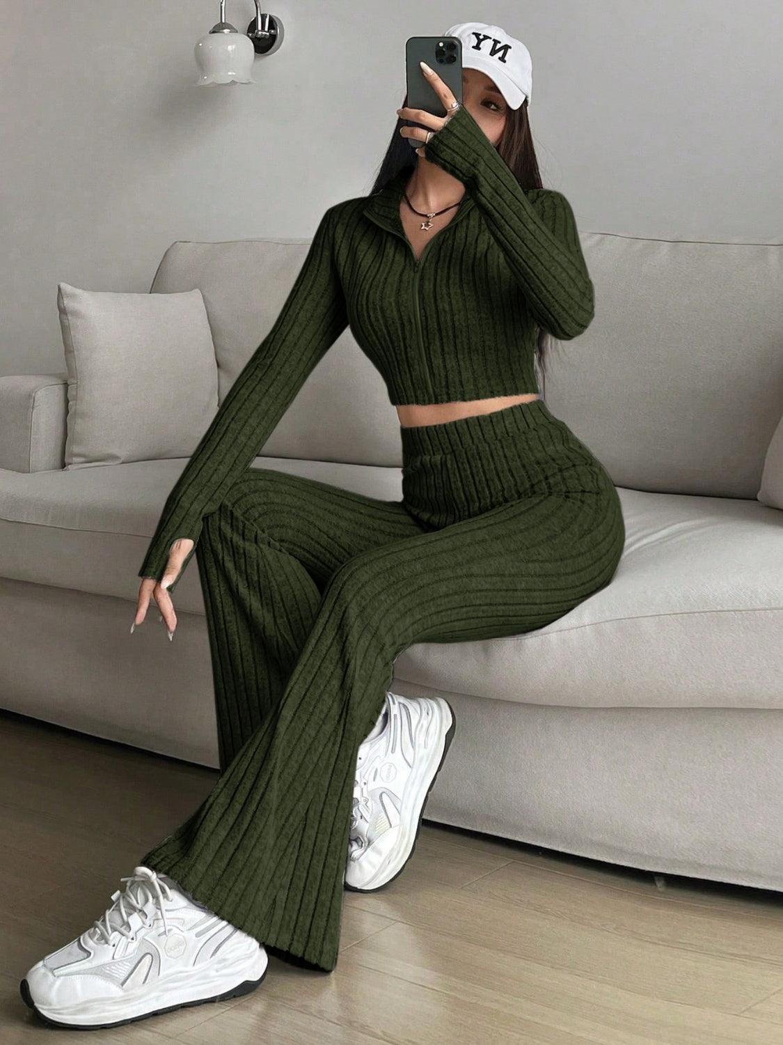 Honey Zip Up Long Sleeve Top and Pants Set - Trendy by Luna