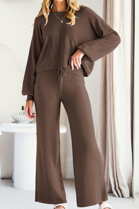 Round Neck Long Sleeve Top and Pants Set - Trendy by Luna