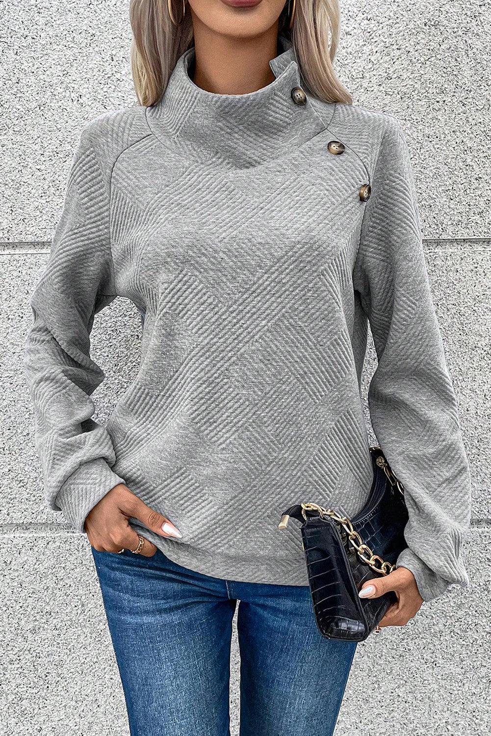 Textured Turtleneck Long Sleeve Sweatshirt - Trendy by Luna