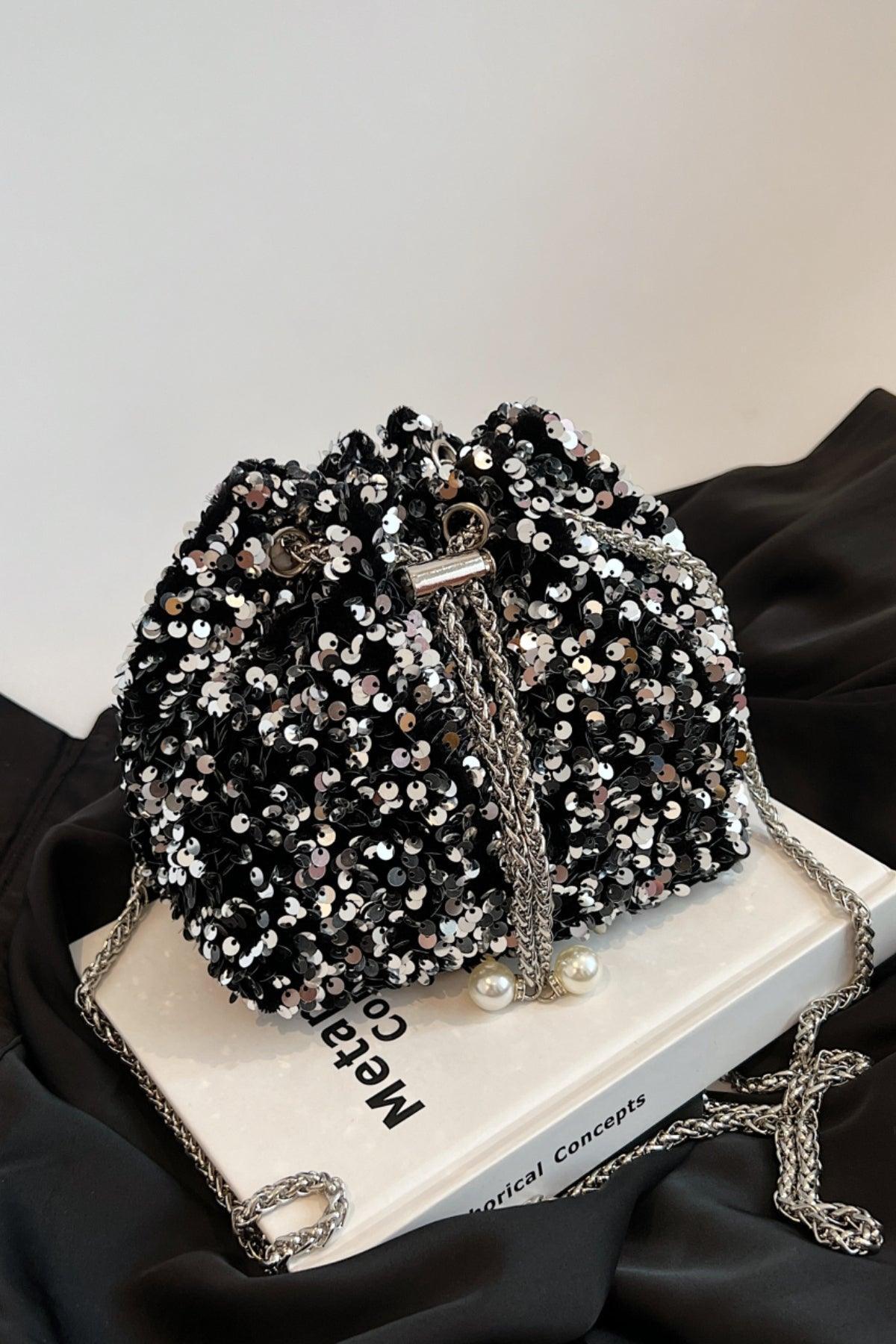 Sequin Chain Drawstring Bucket Bag - Trendy by Luna