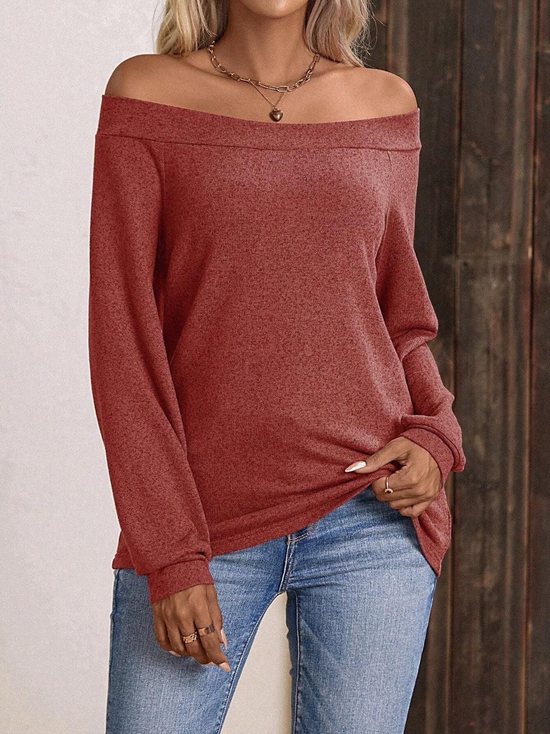 Off-Shoulder Long Sleeve T-Shirt - Trendy by Luna