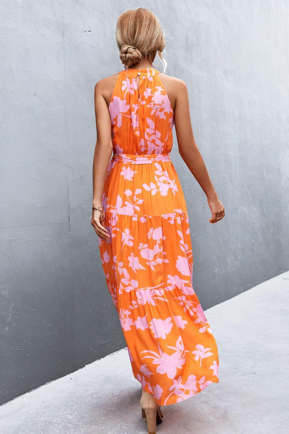 Printed Sleeveless Tie Waist Maxi Dress - Trendy by Luna