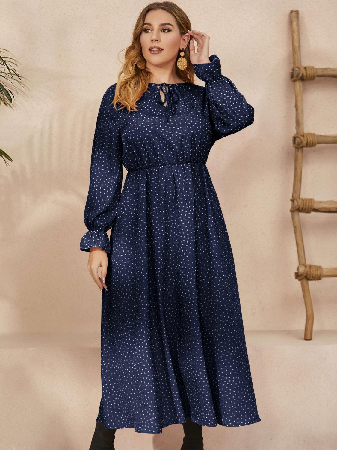 Honey Plus Size Ruffled Polka Dot Long Sleeve Midi Dress - Trendy by Luna