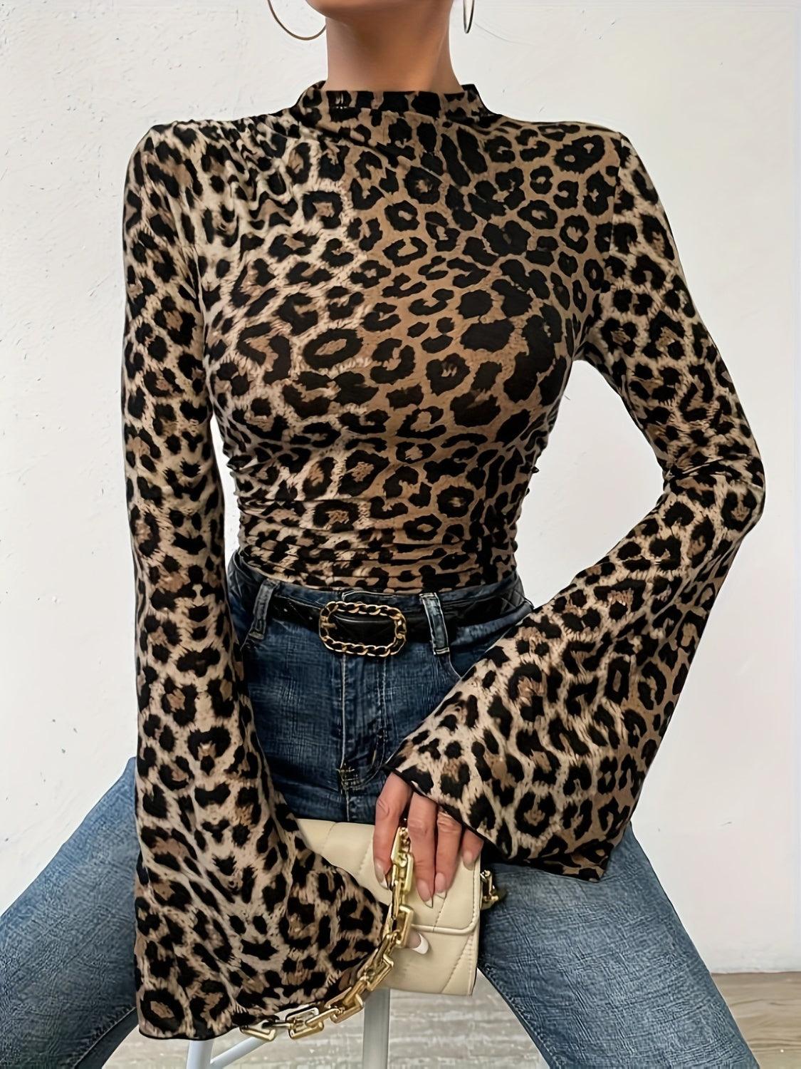 Leopard Mock Neck Flare Sleeve Top - Trendy by Luna