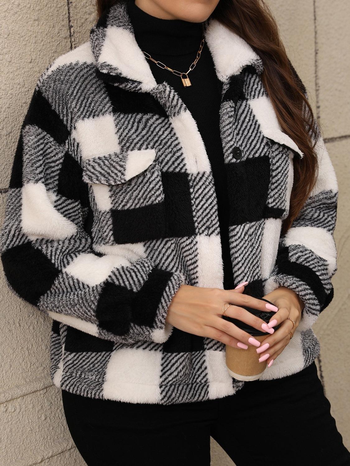 Plus Size Pocketed Plaid Collared Neck Jacket - Trendy by Luna