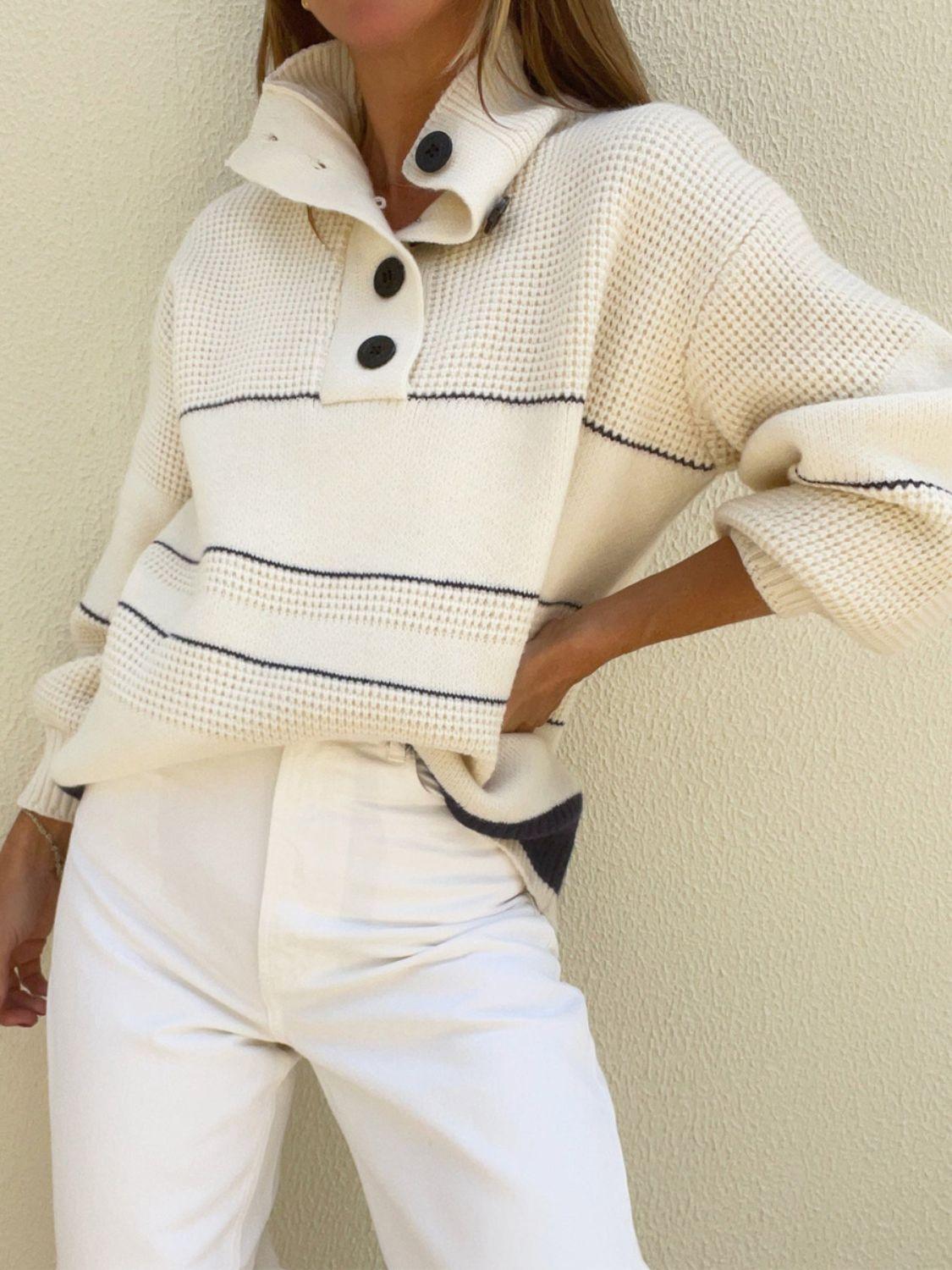 Waffle-Knit Half Button Long Sleeve Sweater - Trendy by Luna