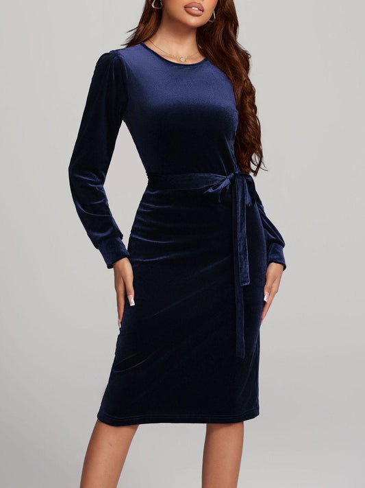 Round Neck Tie Waist Long Sleeve Velvet Dress - Trendy by Luna