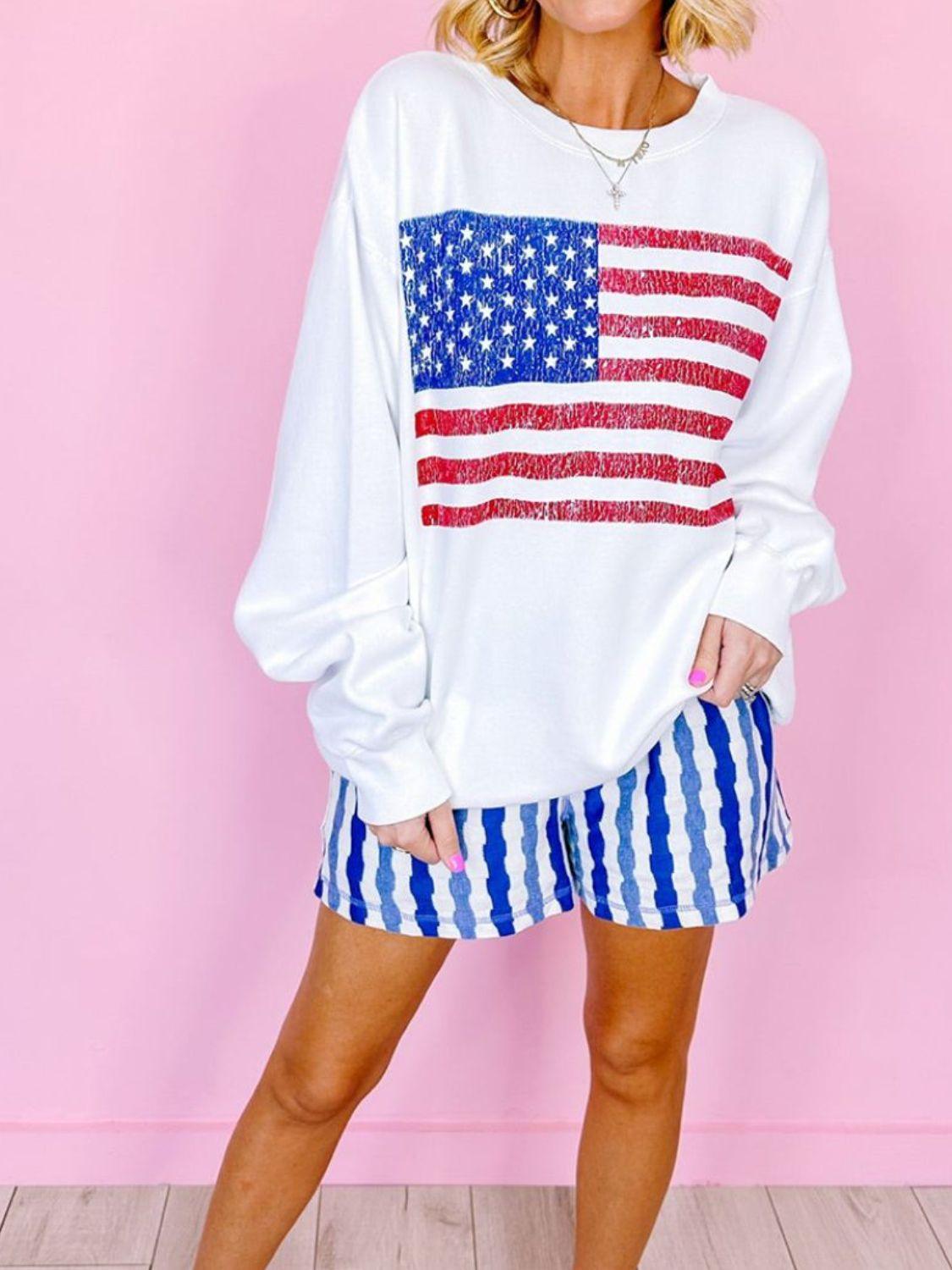 US Flag Round Neck Long Sleeve Sweatshirt - Trendy by Luna