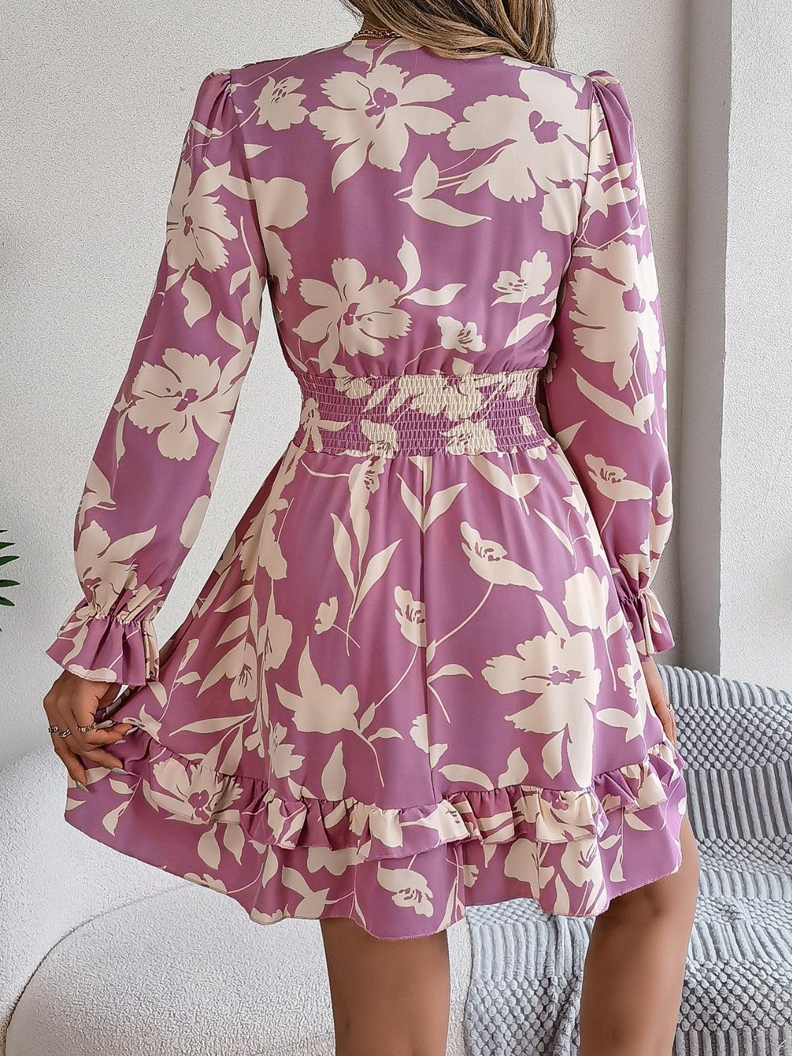 Tied Ruffled Printed Long Sleeve Dress - Trendy by Luna