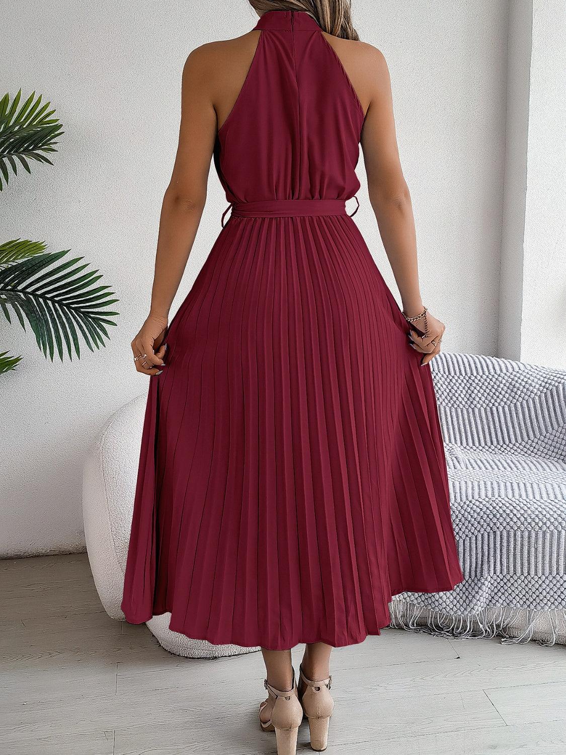 Pleated Tie Waist Sleeveless Midi Dress - Trendy by Luna