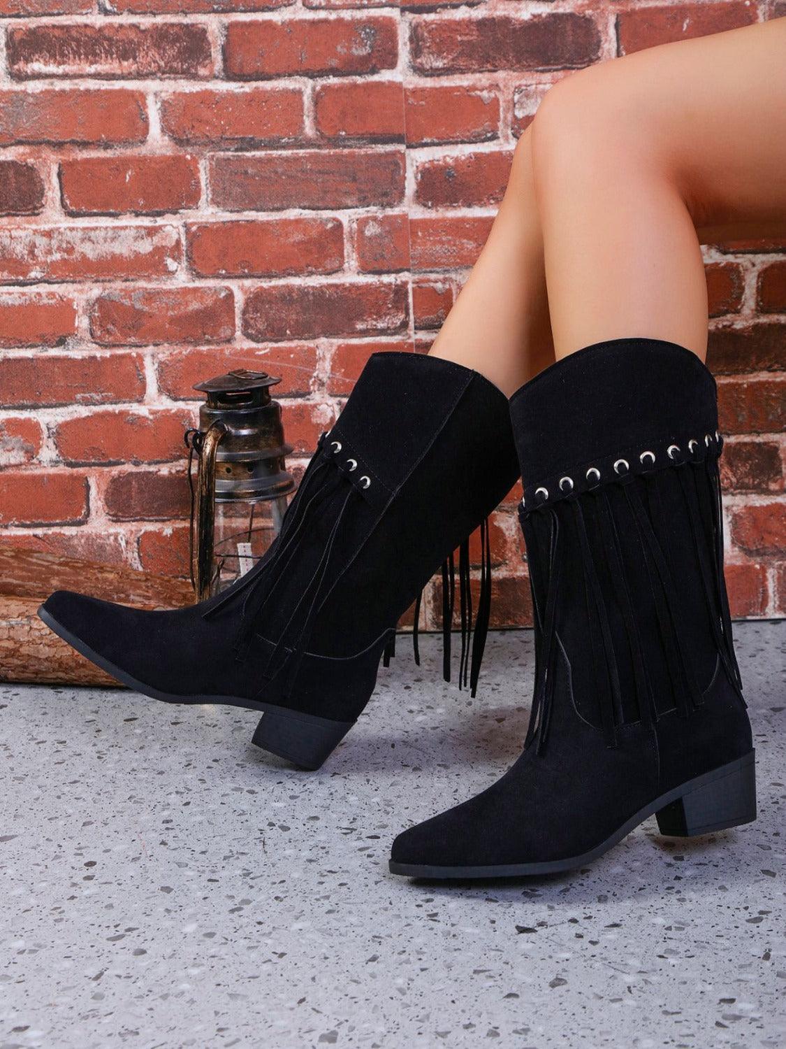 Fringe Suede Point Toe Block Heel Boots - Trendy by Luna