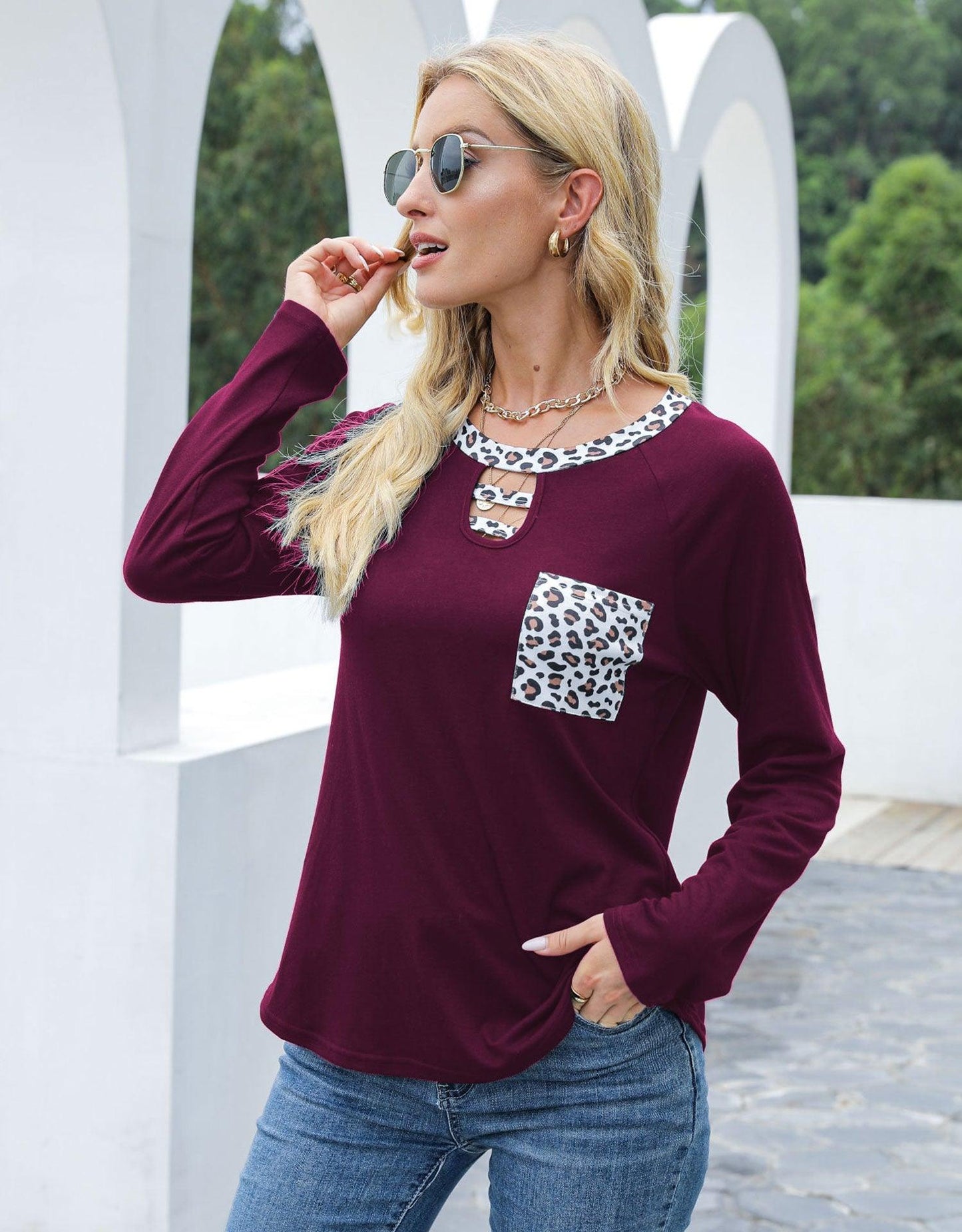 Cutout Leopard Round Neck Long Sleeve T-Shirt - Trendy by Luna