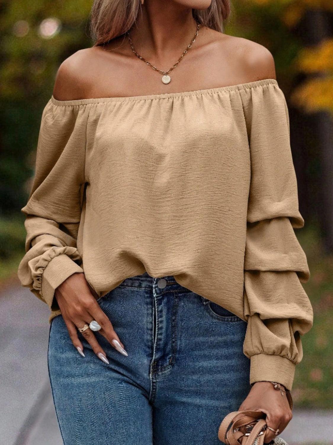 Ruched Off-Shoulder Long Sleeve Blouse - Trendy by Luna