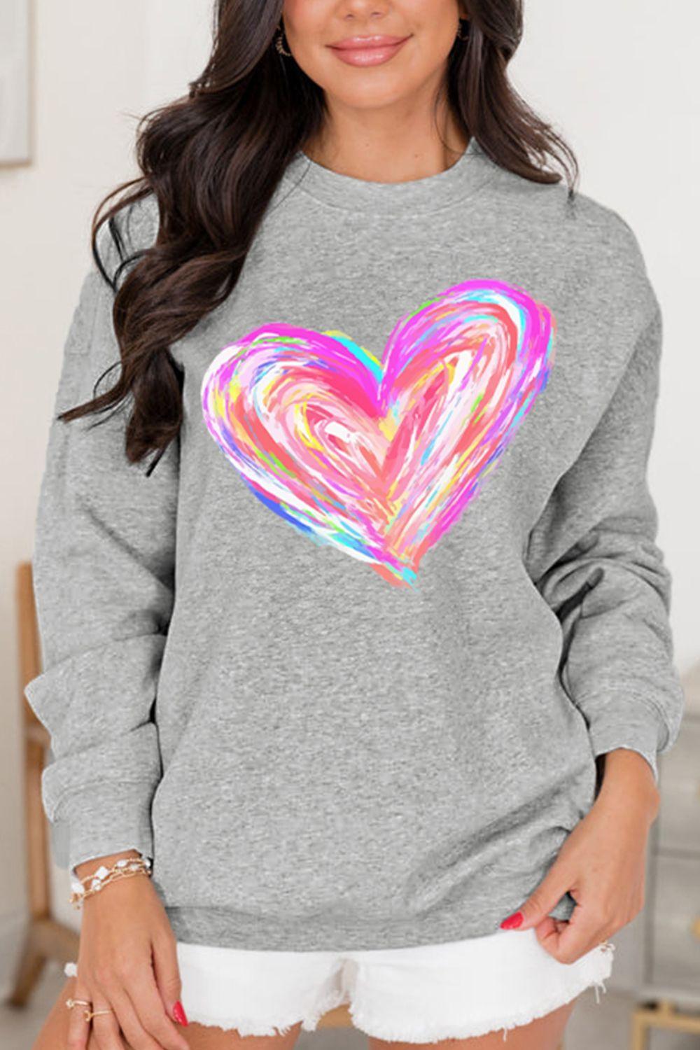 Valentine’s Day Heart Round Neck Drop Shoulder Sweatshirt - Trendy by Luna