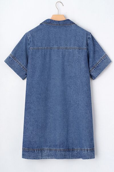 Short Sleeve Collared Patched Pocket Denim Mini Dress - Trendy by Luna