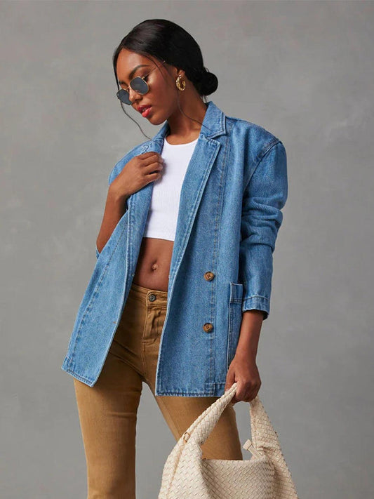 Collared Neck Long Sleeve Denim Jacket - Trendy by Luna