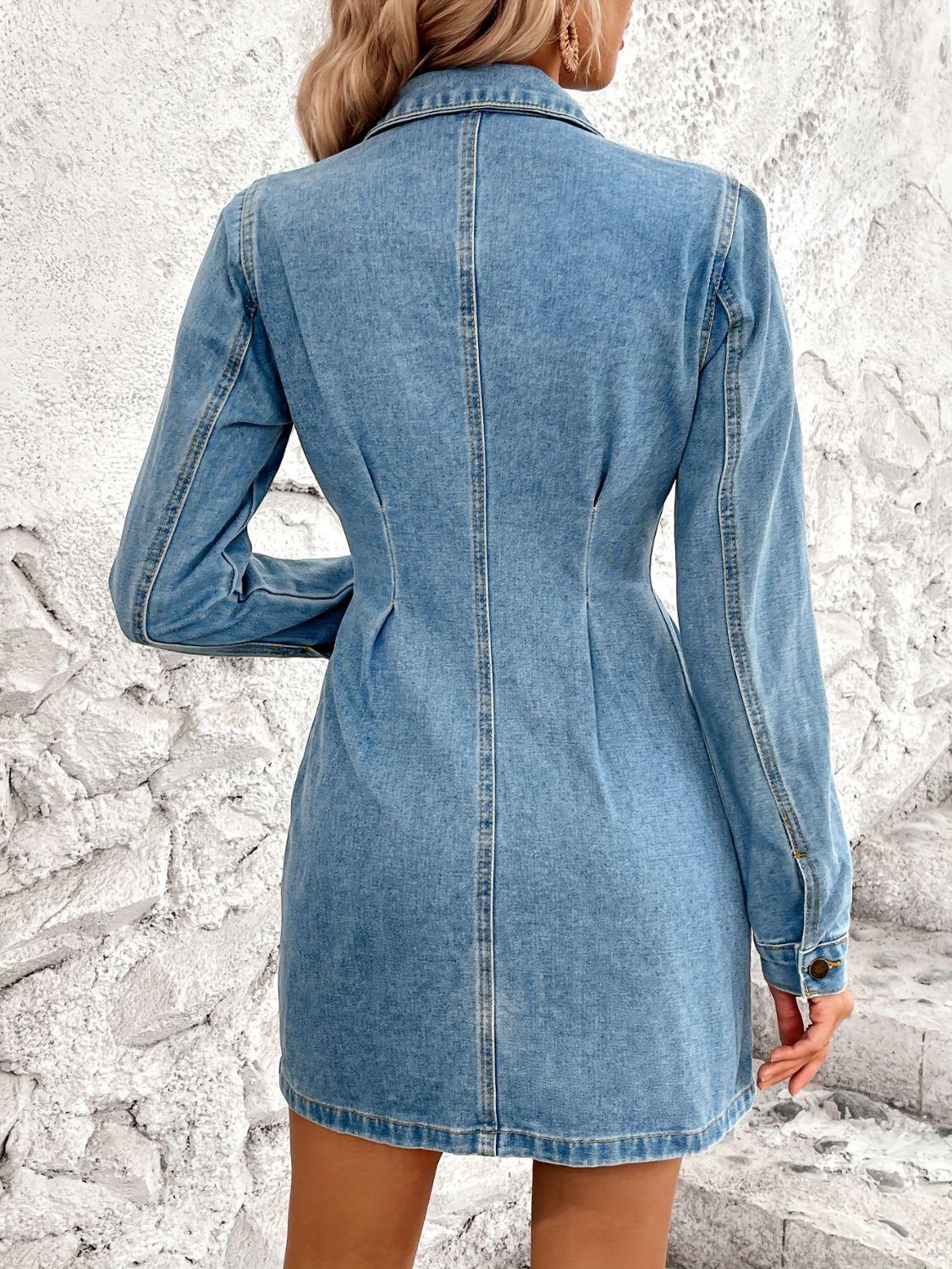 Pocketed Button Up Long Sleeve Denim Dress - Trendy by Luna