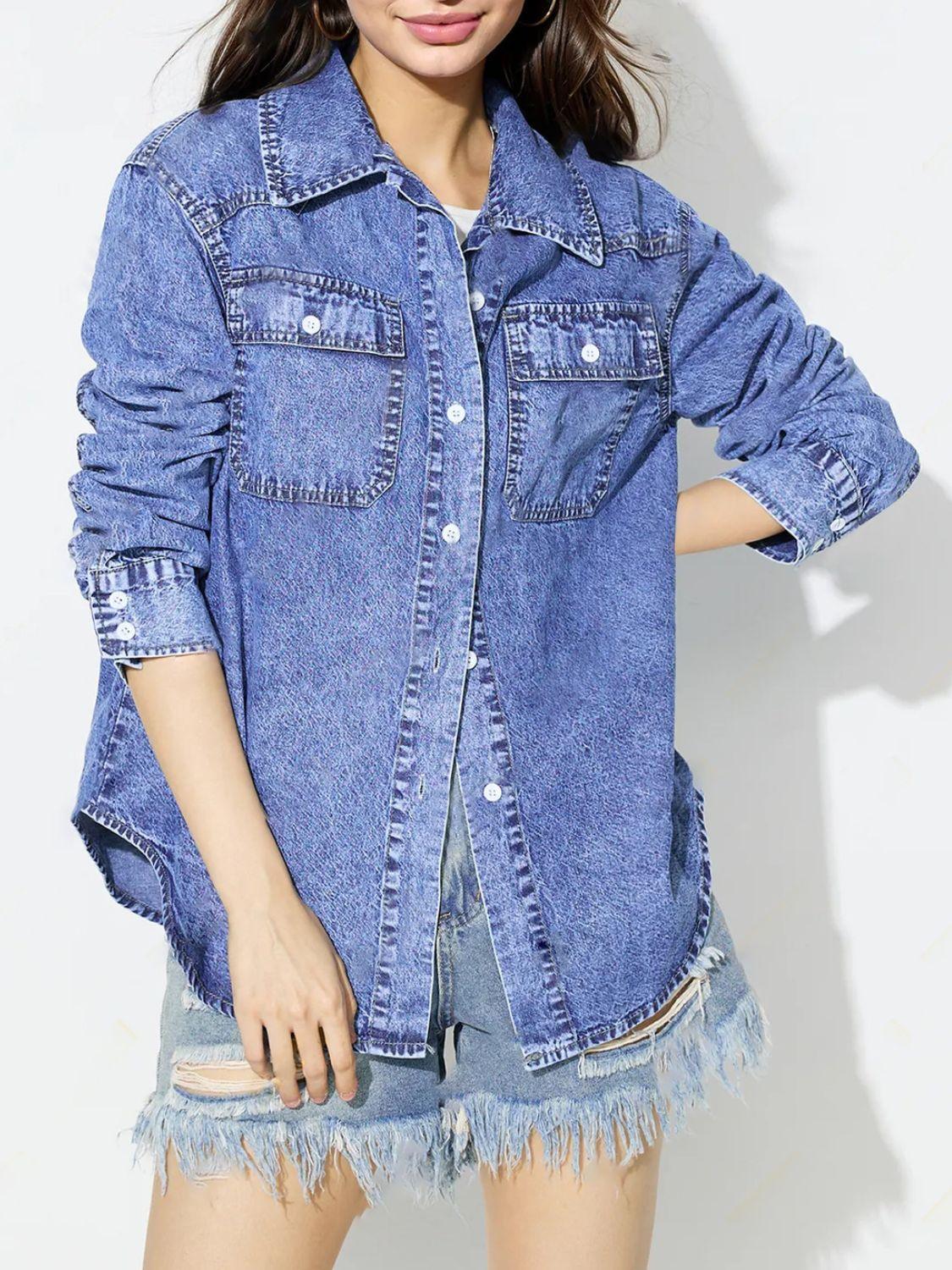 Curved Hem Collared Neck Denim Top - Trendy by Luna