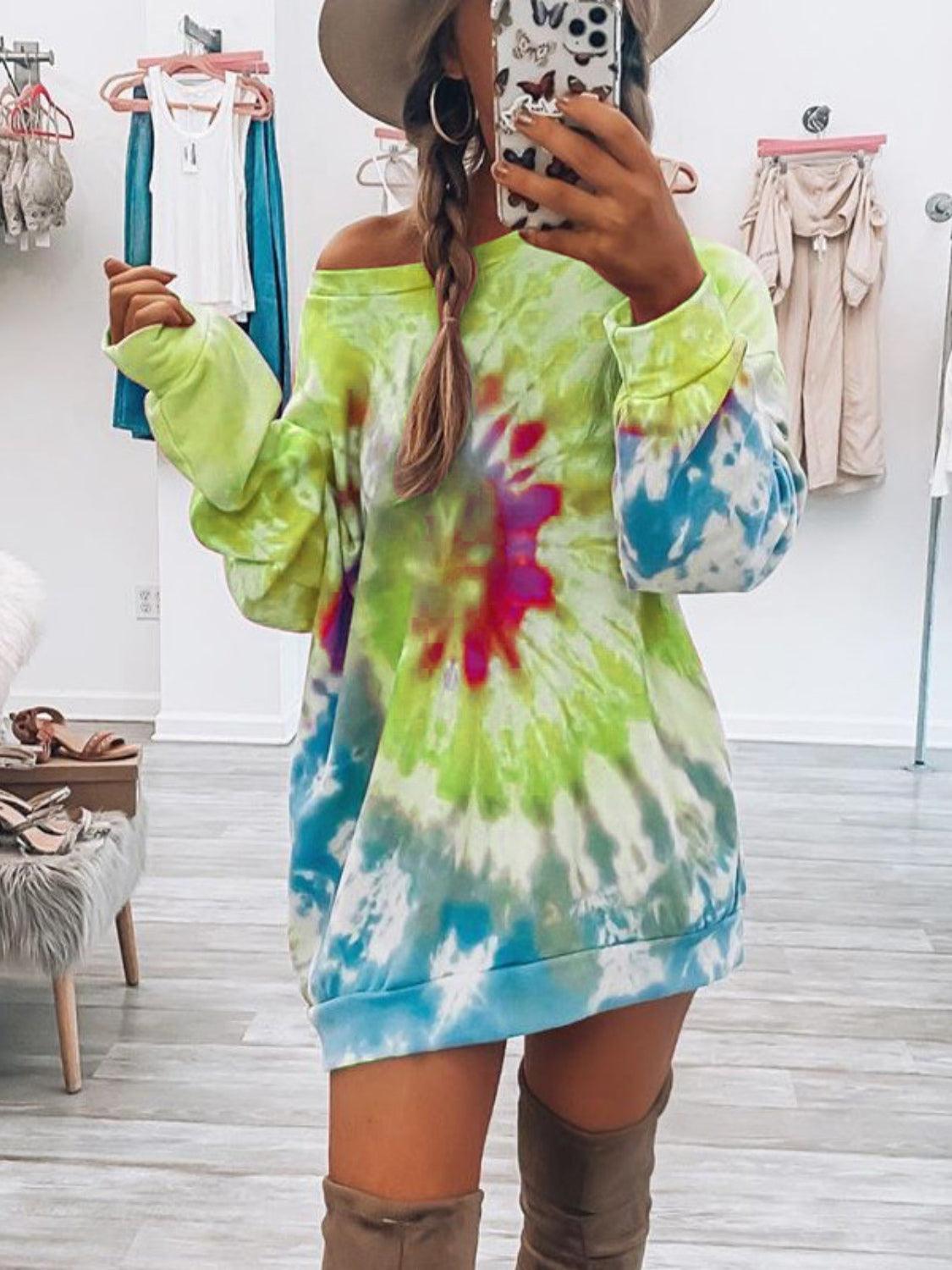 Full Size Tie-Dye Round Neck Long Sleeve Dress - Trendy by Luna