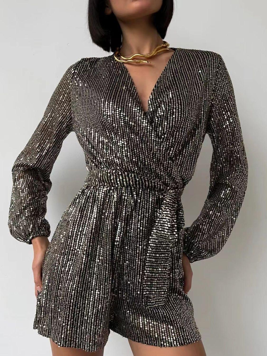 Full Size Sequin Surplice Tie Waist Long Sleeve Romper - Trendy by Luna