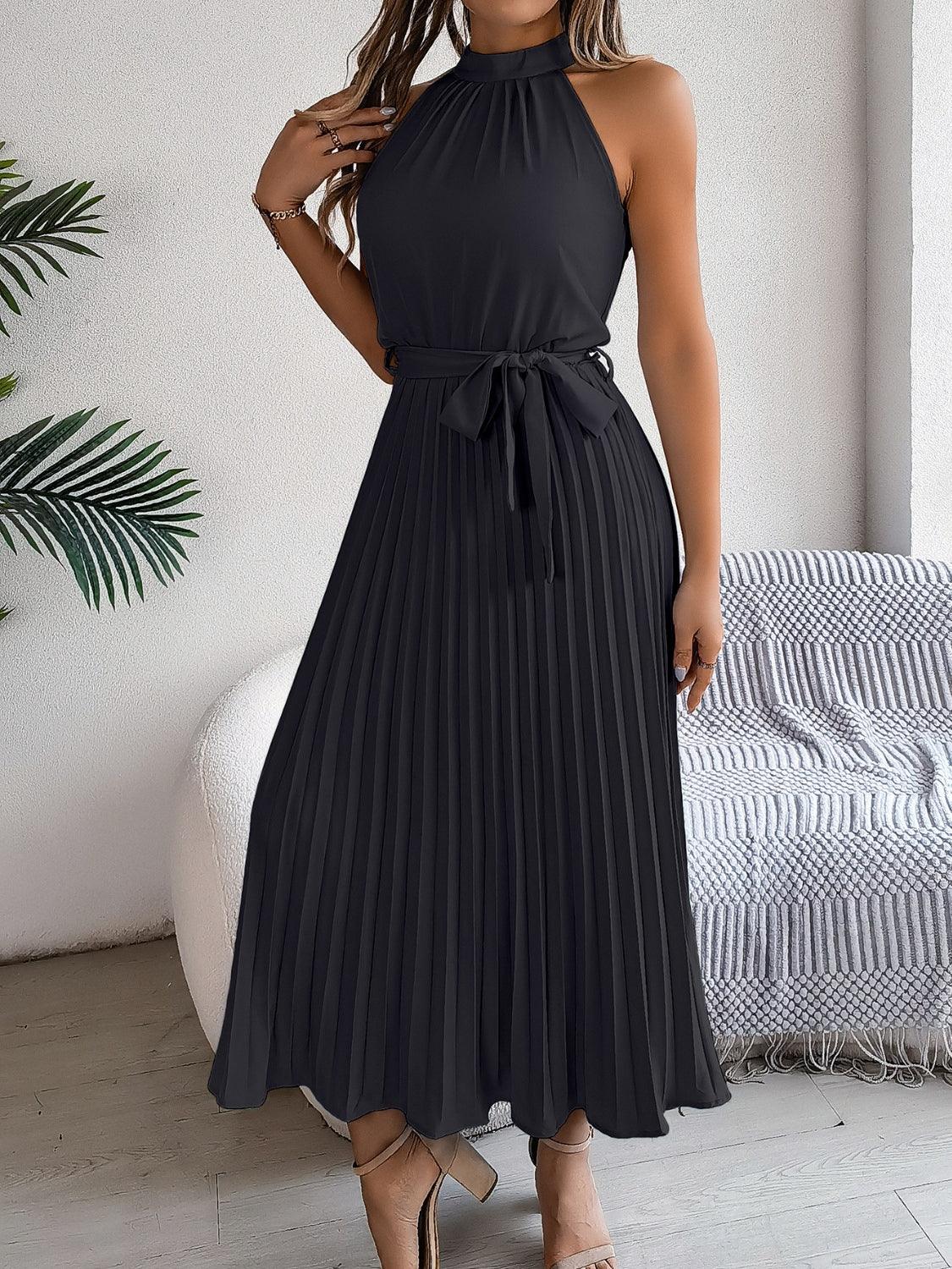 Pleated Tie Waist Sleeveless Midi Dress - Trendy by Luna