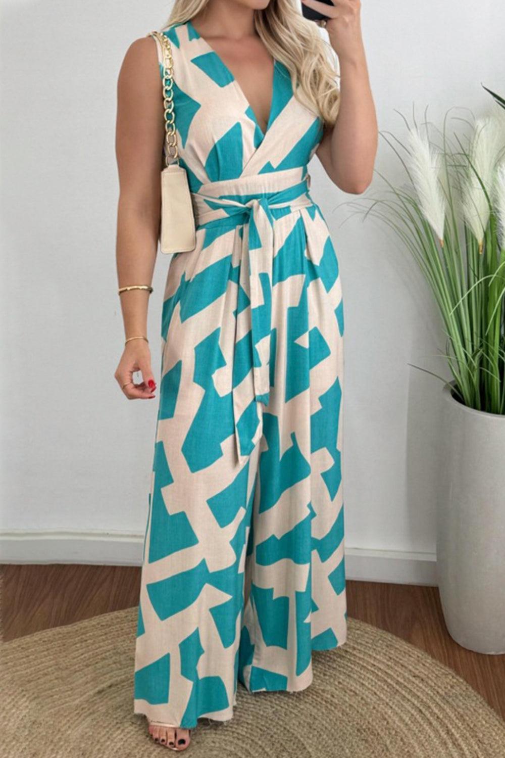 Printed Surplice Sleeveless Tie Waist Jumpsuit - Trendy by Luna