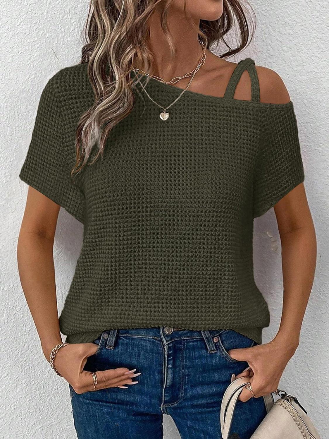 Asymmetrical Neck Short Sleeve T-Shirt - Trendy by Luna