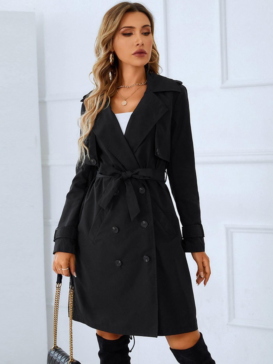 Lapel Collar Tie Belt Double-Breasted Trench Coat - Trendy by Luna