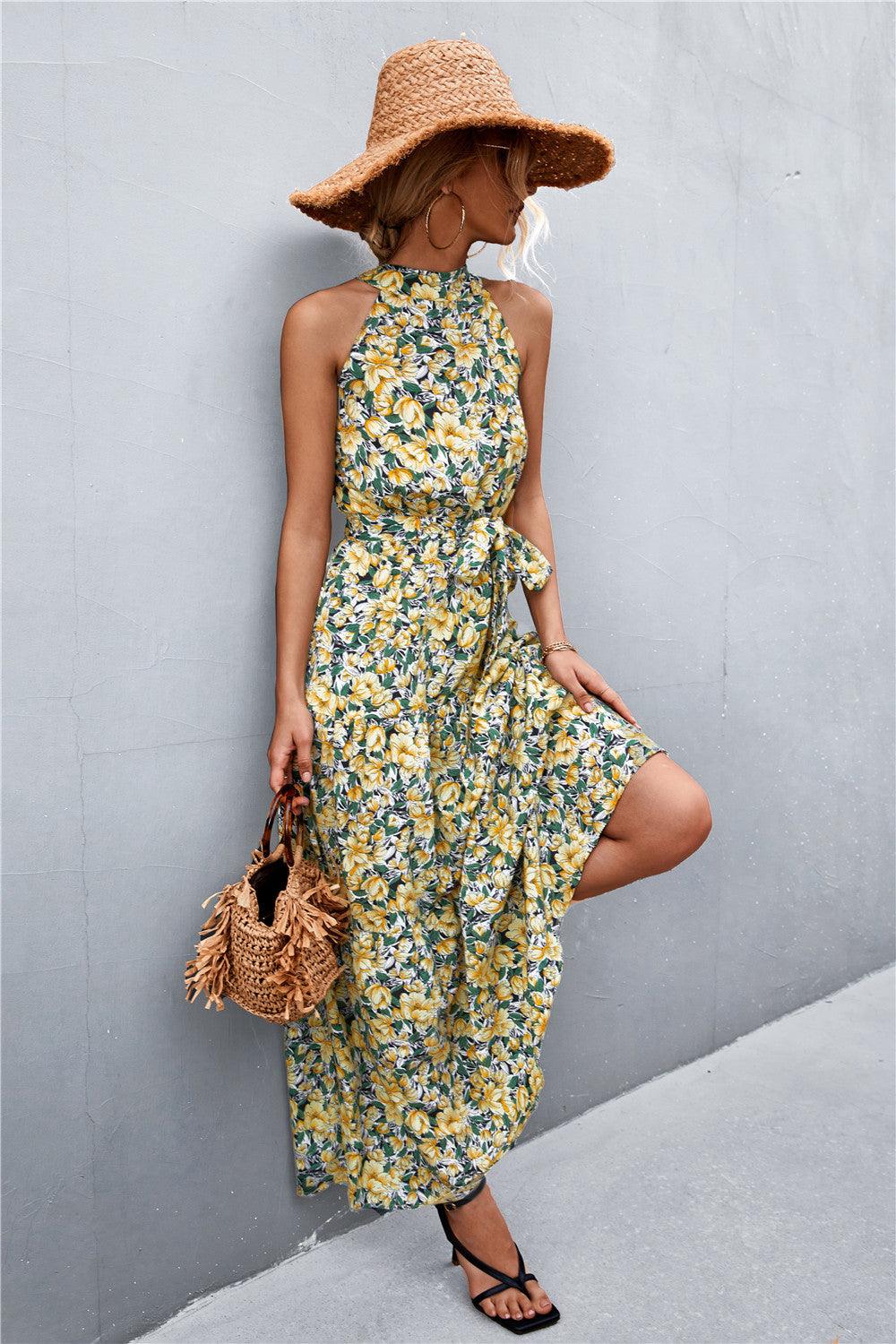 Printed Sleeveless Tie Waist Maxi Dress - Trendy by Luna