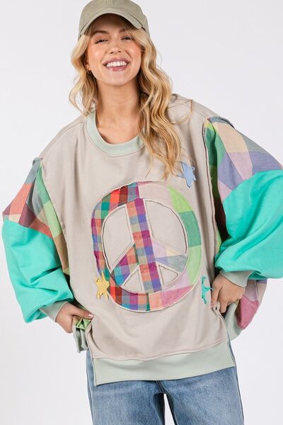 Contrast Peace Patch Dropped Shoulder Sweatshirt - Trendy by Luna