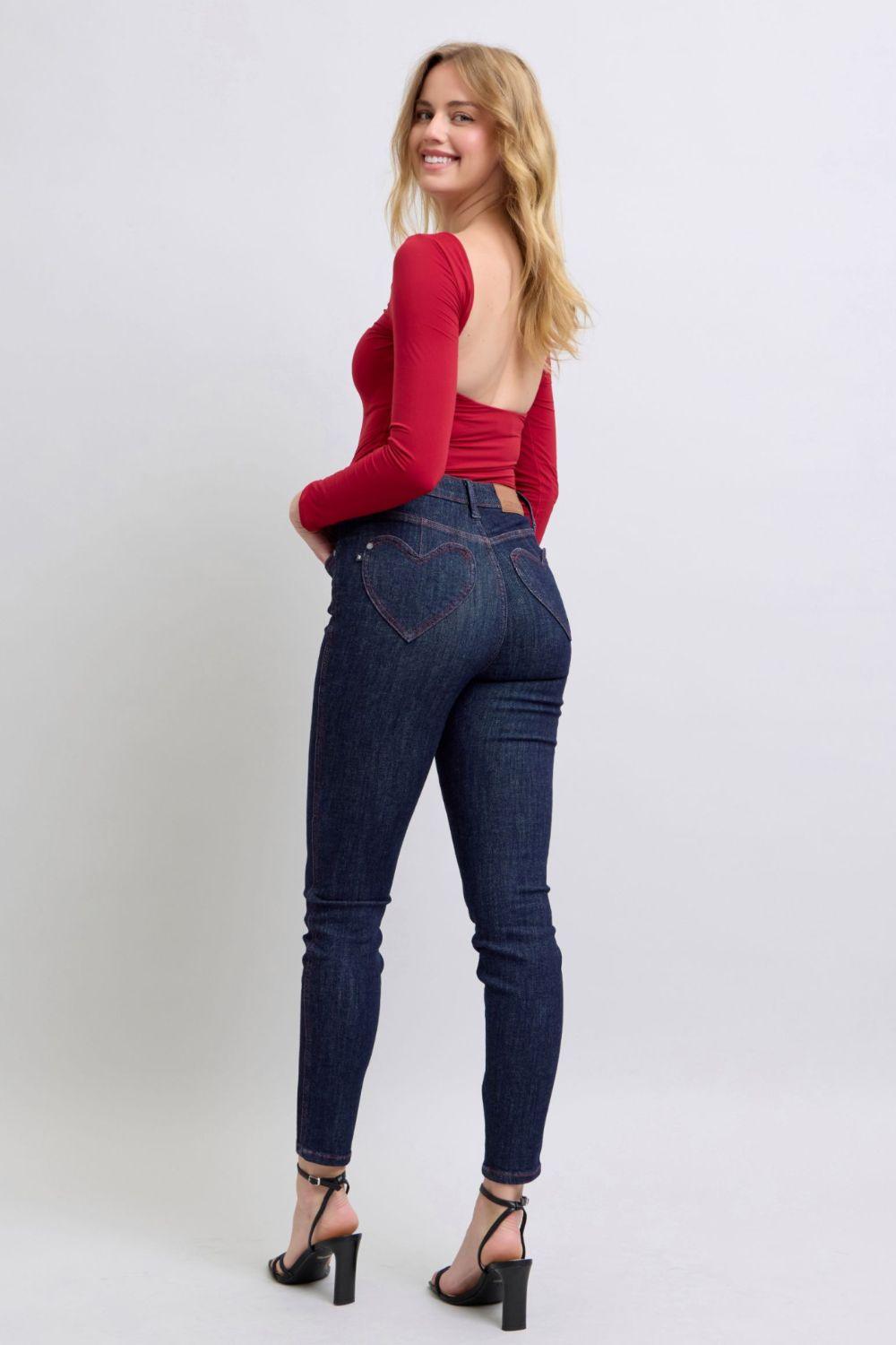 Full Size Heart Shaped Back Pockets Skinny Jeans - Trendy by Luna