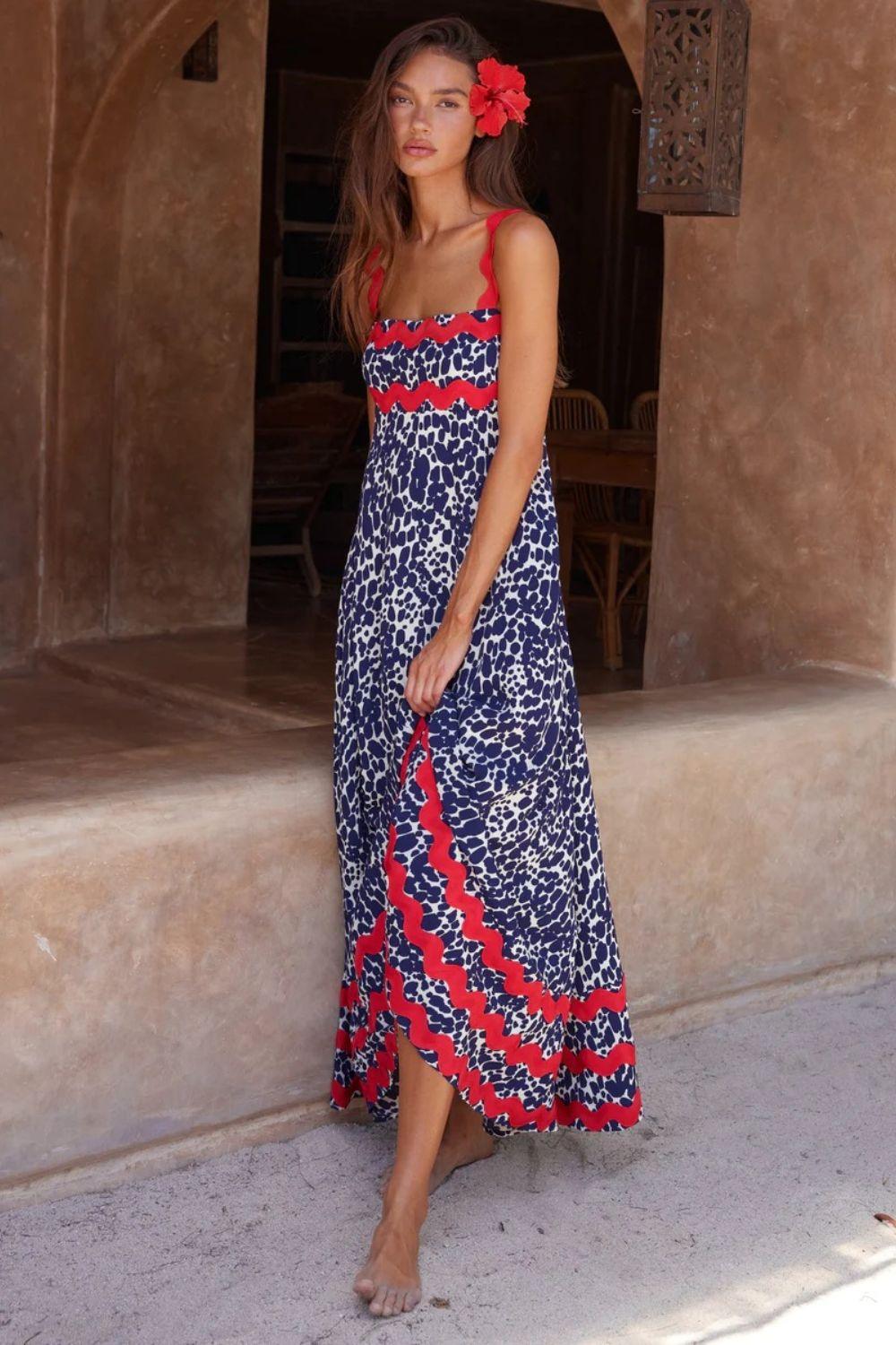 Printed Square Neck Wide Strap Maxi Dress - Trendy by Luna