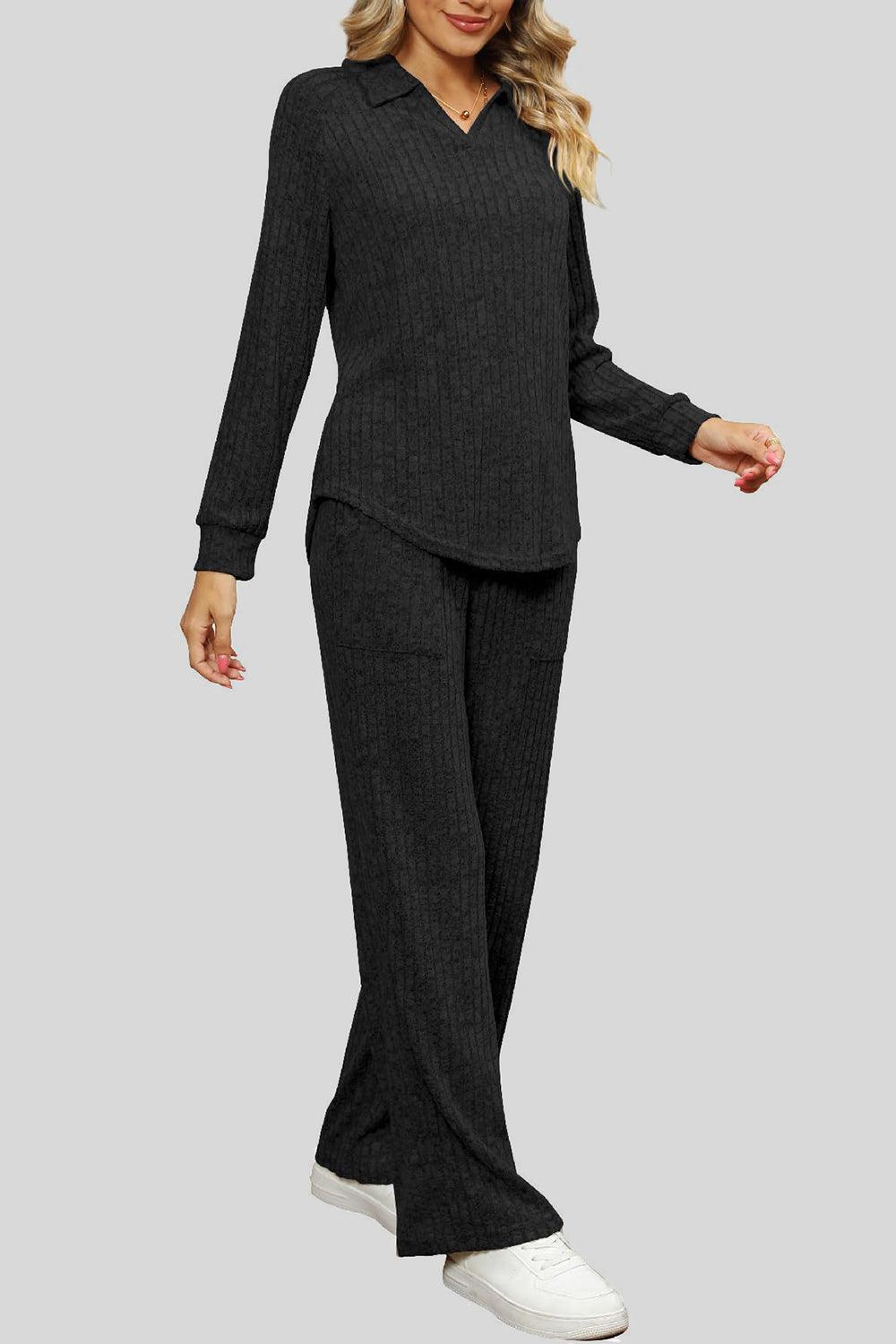 Ribbed Long Sleeve Top and Pocketed Pants Set - Trendy by Luna