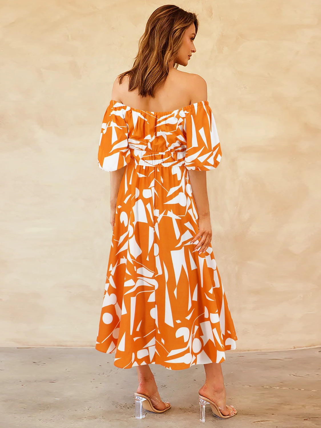 Printed Off-Shoulder Balloon Sleeve Dress - Trendy by Luna