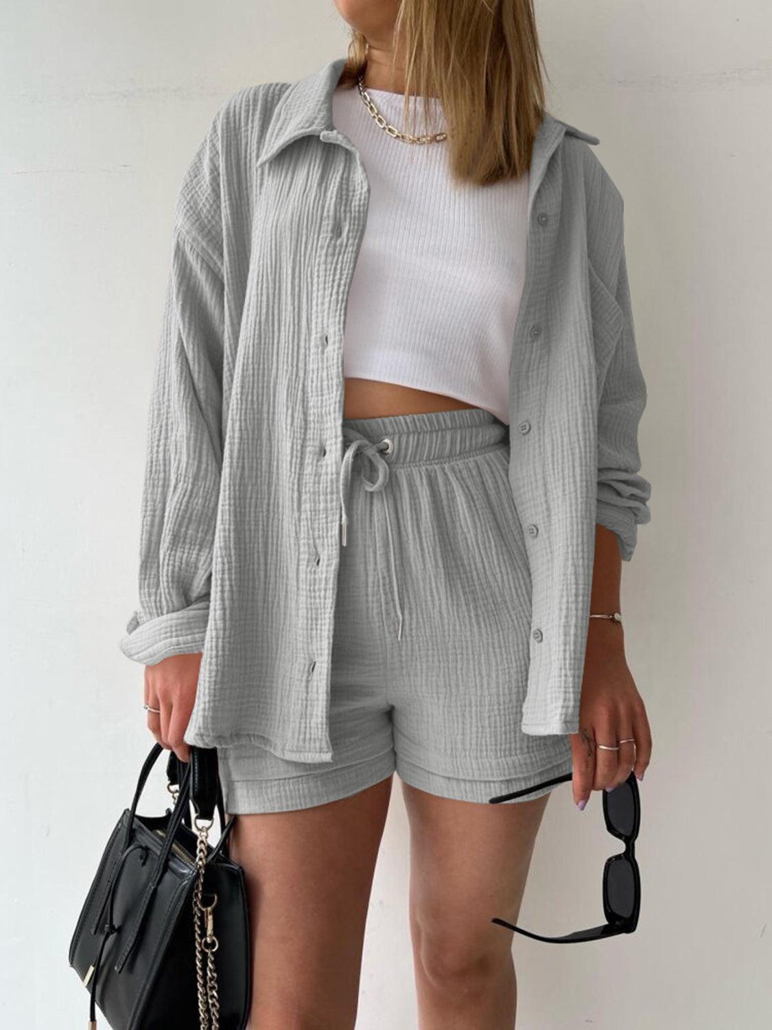 Texture Button Up Shirt and Drawstring Shorts Set - Trendy by Luna