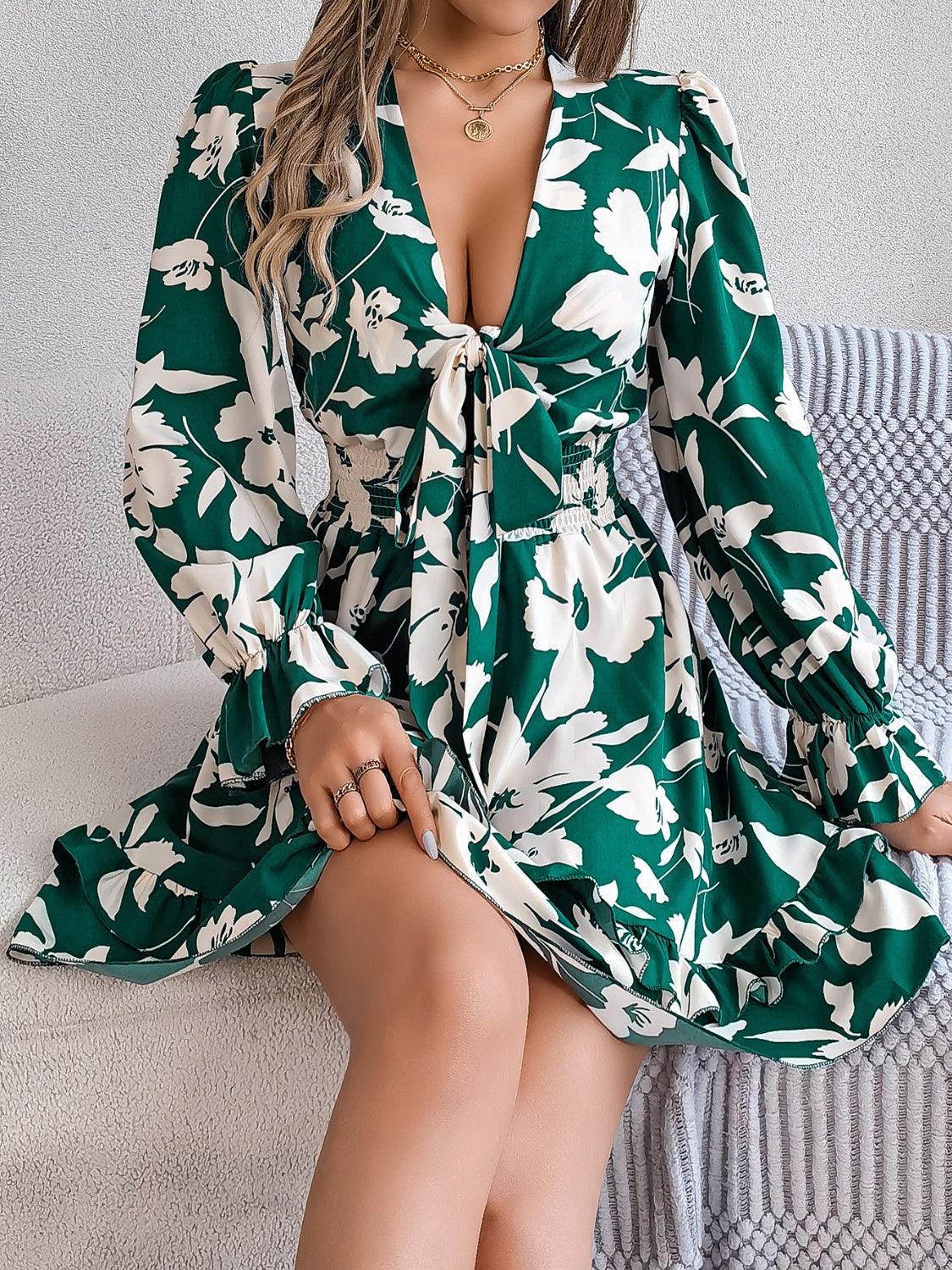 Tied Ruffled Printed Long Sleeve Dress - Trendy by Luna