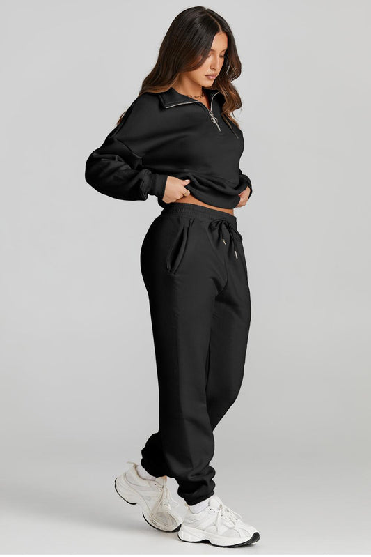 Quarter Zip Top and Drawstring Pants Active Set - Trendy by Luna