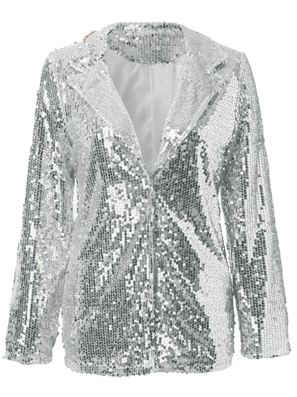 Sequin Lapel Collar Long Sleeve Blazer - Trendy by Luna