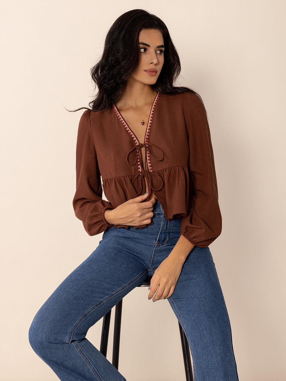 Peplum Tied V-Neck Long Sleeve Blouse - Trendy by Luna