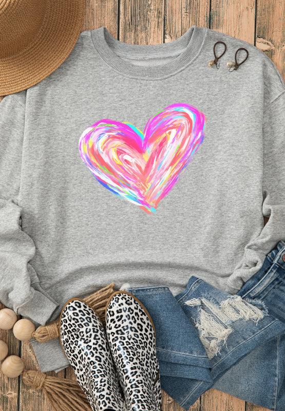 Valentine’s Day Heart Round Neck Drop Shoulder Sweatshirt - Trendy by Luna