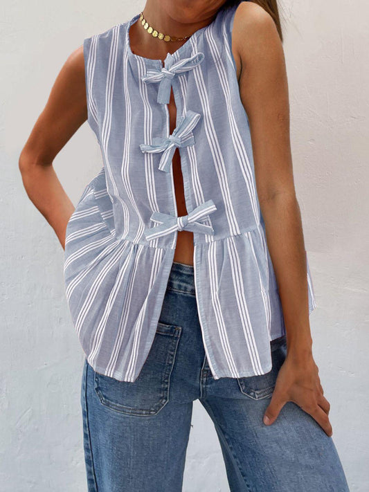 Tied Striped Round Neck Tank - Trendy by Luna