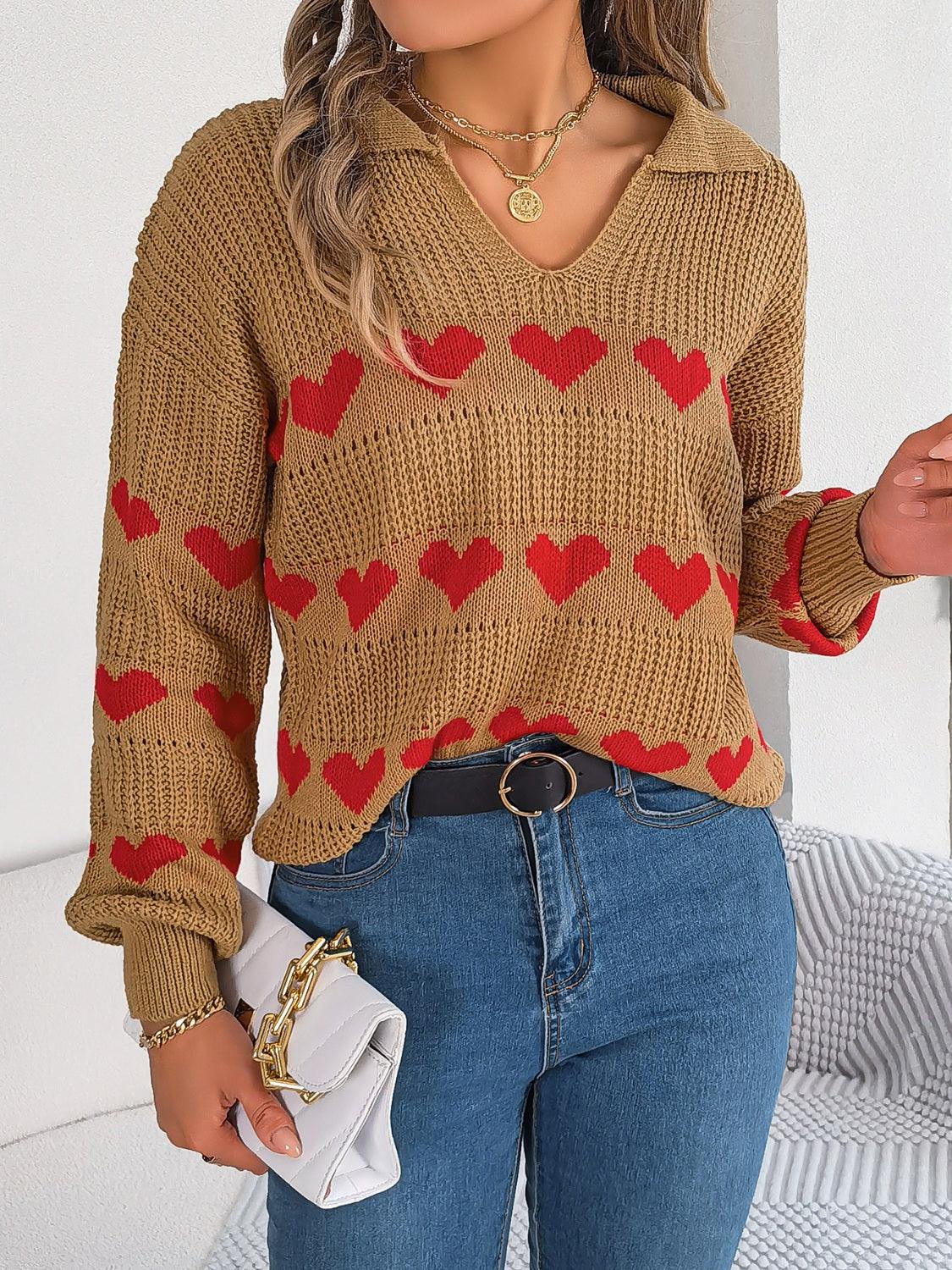 Heart Johnny Collar Long Sleeve Sweater - Trendy by Luna