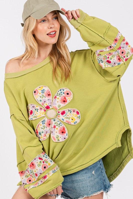 Daisy Patch Applique Long Sleeve Sweatshirt - Trendy by Luna