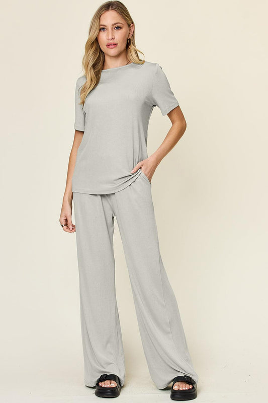 Double Take Full Size Round Neck Short Sleeve T-Shirt and Wide Leg Pants Set - Trendy by Luna