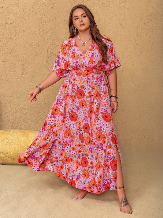 Plus Size Slit Floral V-Neck Half Sleeve Maxi Dress - Trendy by Luna